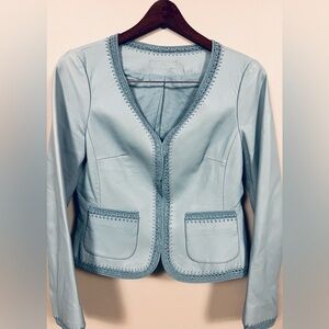 Baby Blue Leather Jacket w/ Crochet Trim – S